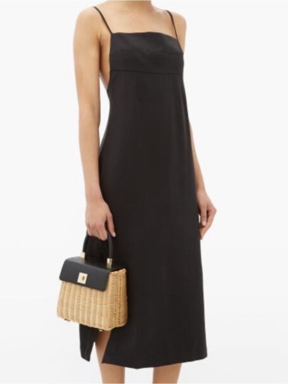 HAIGHT Paula Dress Black Side Slit Twill Backless Midi Women’s L Quiet Luxury